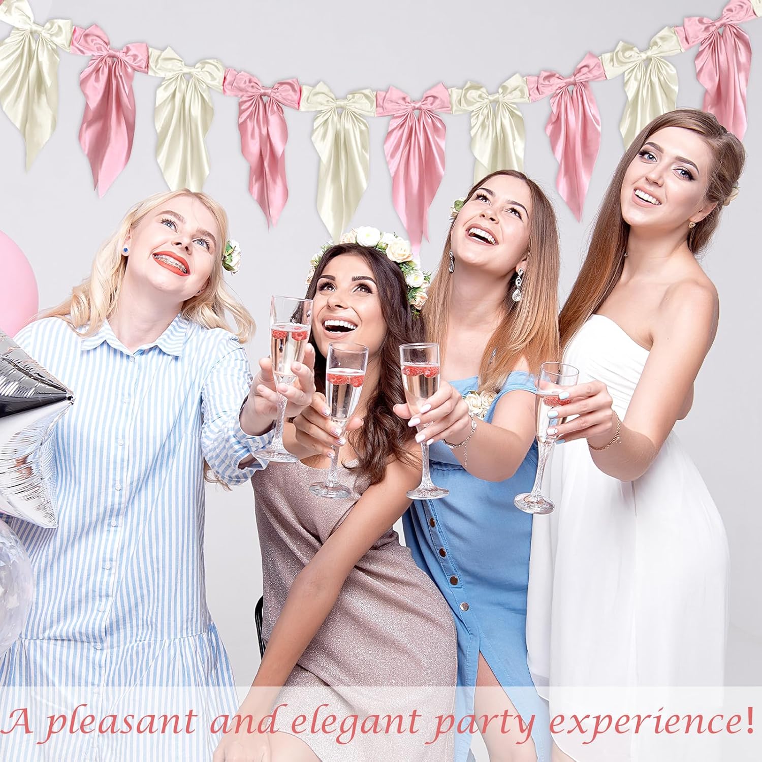 White Pink Bow Garland Banner - Satin Ribbon Decor for Fireplace | Perfect for Bachelorette, Bridal Shower, Birthday, and Wedding Parties