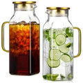 2 Pack 2 Liters/68 oz Square Glass Pitcher with Lid and Handle for Fridge, Iced Tea and Coffee Carafe Beverage Serveware, Heat Resistant Borosilicate Water Gold Jug for Hot/Cold Drinks and Milk