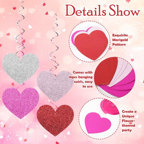 Chivertion 32 Pcs Valentines Party Decorations Pink Red Heart Hanging Swirls Decor Double-Sided Glitter Heart Streamers Ceiling Swirls for Valentine's Party Romantic Wedding Hanging Decorations