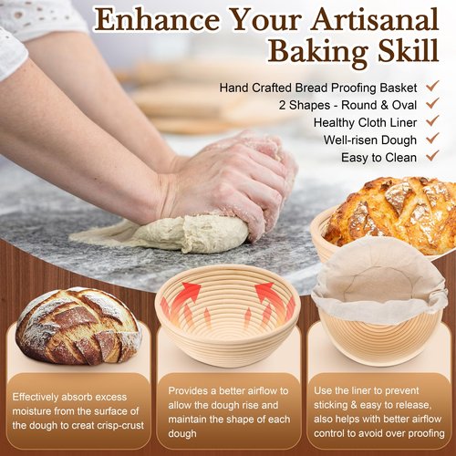 TeamFar Sourdough Bread Baking Supplies, 9” Round and 10” Oval Sourdough Starter Kit, Proofing Basket Set with Cloth Liner, Bread Lame, Whisk Dough, Bowl Scraper, Brush