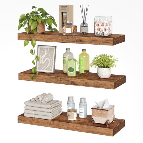 RALGEND Floating Shelves for Wall, 1.5" Thick Wall Shelf Set of 3 with Invisible Brackets, 23.6L x 7.9W Hanging Shelves Farmhouse Home Decor for Bathroom, Living Room, Bedroom, Rustic Brown 6301BJP3BF