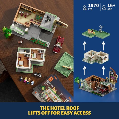 FUNWHOLE City Car-Hotel Lighting Building Bricks Set - 1970 Pcs Modular Twilight Motel Collection with LED Lights for Adults & Teens