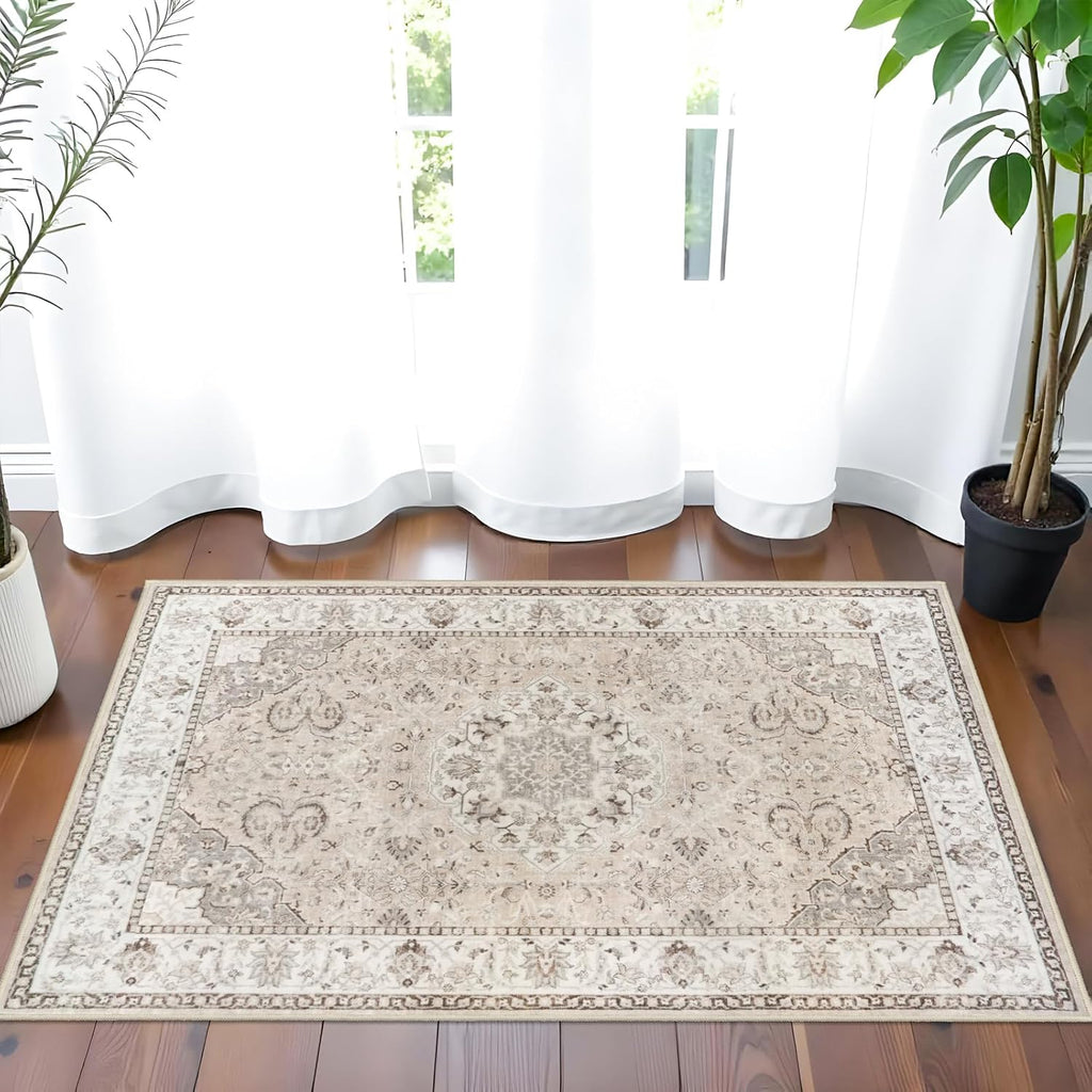 Regine Switzerland Washable 2x3 Entryway Area Rug - Soft Non-Slip Vintage Kitchen Runner in Beige