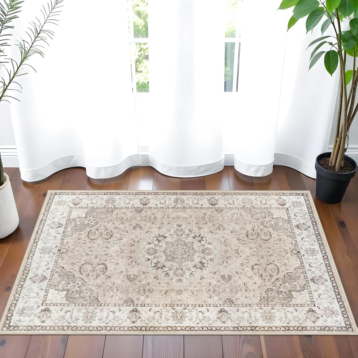 Regine Switzerland Washable 2x3 Entryway Area Rug - Soft Non-Slip Vintage Kitchen Runner in Beige