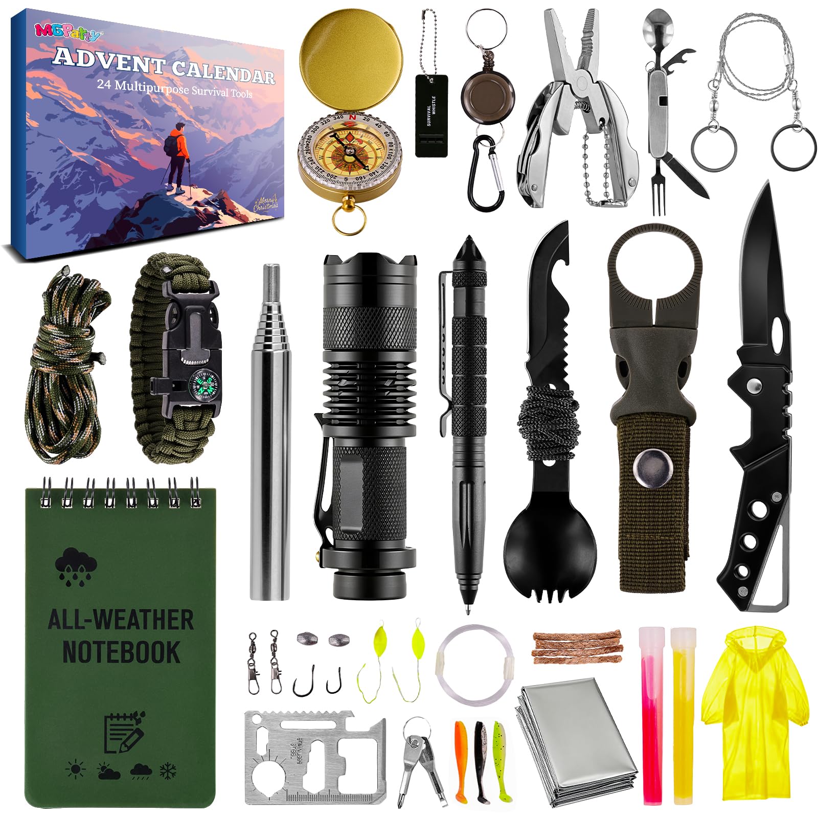 Survival Kit Advent Calendar 2025, 24 Days Outdoor Camping Gear Advent Calendar for Men, Tactical Emergency Survival Tools Gift Set for Dad Him Hunters Hikers Preppers Christmas Countdown Box