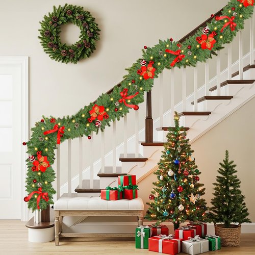Christmas Garland with Lights, 9FT 30 LED Prelit Christmas Garland with Pinecones, Flowers, Bows, Outdoor Indoor Christmas Decorations Garland Battery Operated with Timer for Stairs,Mantel,Door,Window