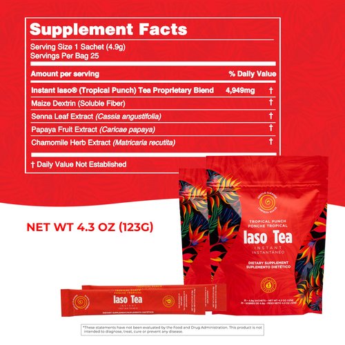Iaso Instant Tea (Tropical Punch) - Fruity Cleansing Drink for Digestive Support, Refreshing Flavor - 25 Sachets, Pack of 2