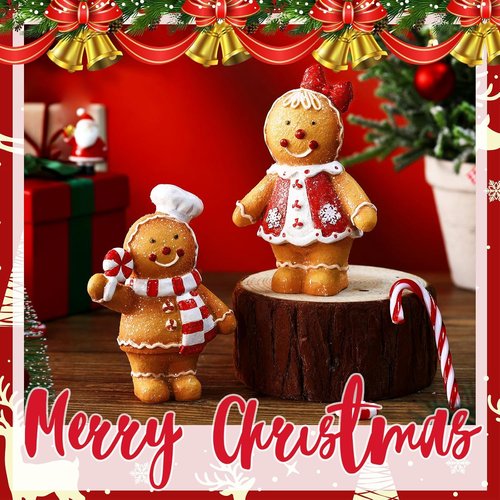 Moucuny Christmas Gingerbread Man Figurines - 2-Piece Resin Decor with Chef Hat & Scarf | Festive Home Kitchen Decoration