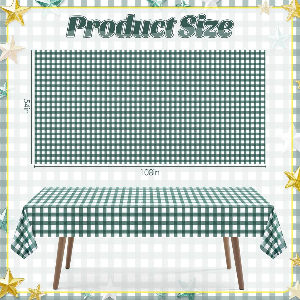 Skiennix Sage Green Striped Gingham Tablecloth - Waterproof Disposable Plastic, 54 x 108 Inch for Events