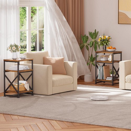 Simple Trending Side Table, End Table Living Room, Bedside Table for Sofa Couch, Nightstand with 3 Tiers Open Shelves, Rustic Brown