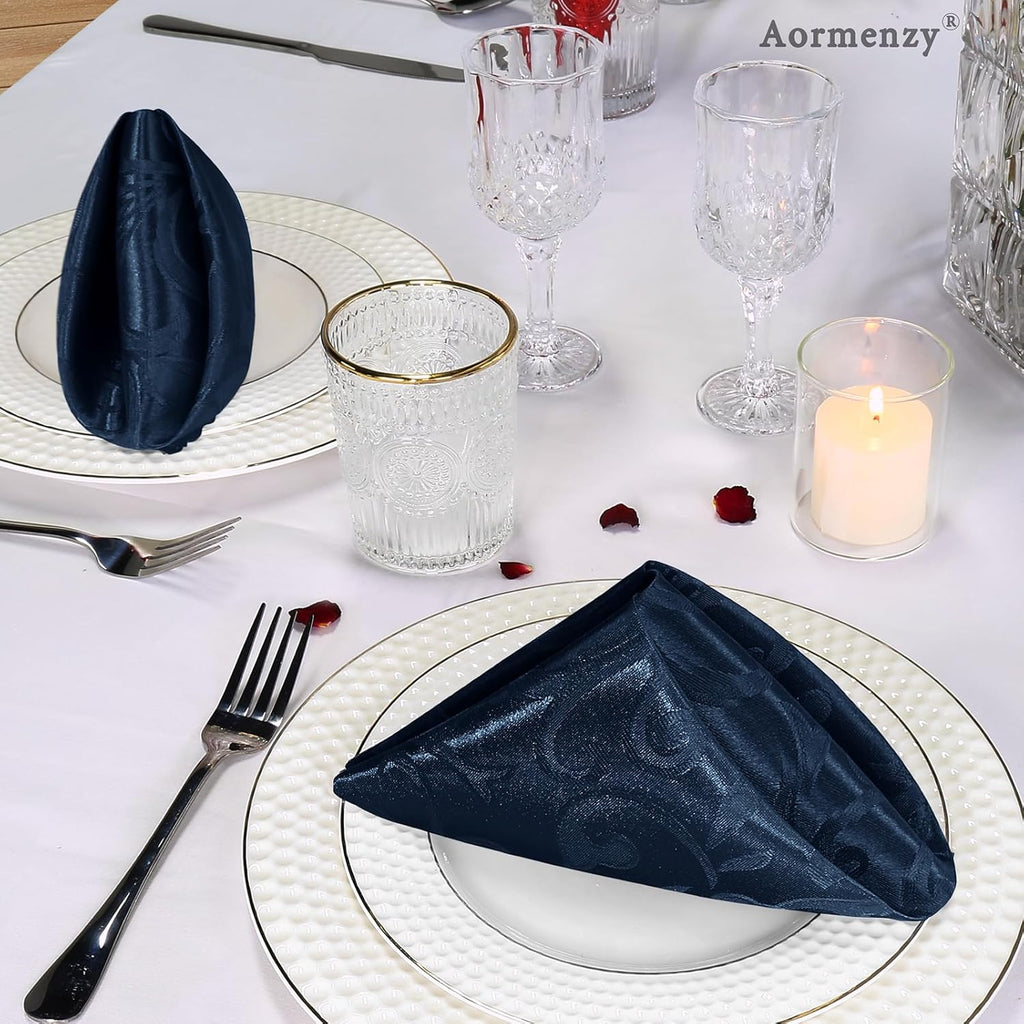 Aormenzy Navy Blue Satin Napkins - Elegant Floral Pattern | 17 x 17 Inches | 50 Pack