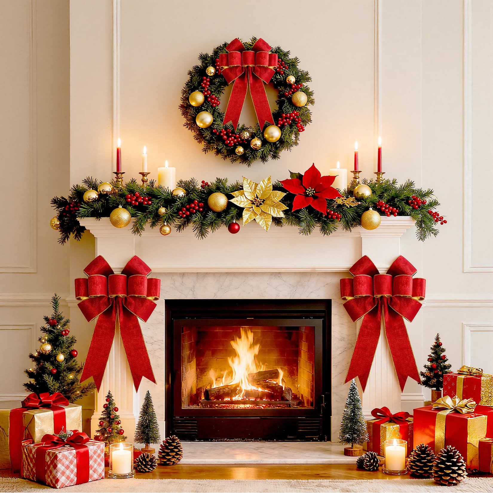 1 Pack Large Christmas Red Bows for Christmas Tree with Gold Border & Back, 12" x 14" Velvet Bows for Tree Topper,Wreaths,Indoor,Outdoor,Fireplace,Stairs,Railing,Porch,Xmas Decoration