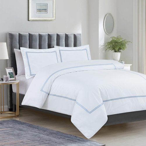Dreamology White Duvet Cover Luxury Hotel Quality Bedding Set 100% Cotton Embroidered Duvet Covers with 2 Pillow Shams Hypoallergenic Zipper Closure 3 Pieces Duvet Set (Sky Blue, King)