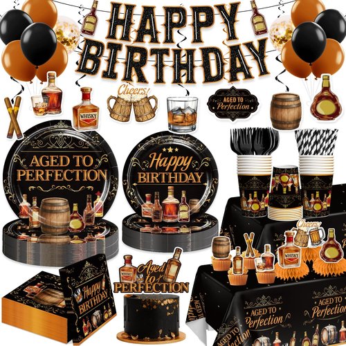 Yingoto Aged to Perfection Birthday Decorations for Men – 207PCS Whiskey Birthday Decorations Set with Plates, Napkins, Cups, 2 Tablecloths, Balloons, Banner & Cupcake Toppers, Serves 25 Guests