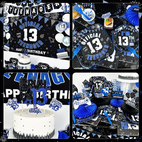 13th Birthday Decorations for Boys Black and Blue Official Teenager 13th Birthday Plates and Napkins Tablecloth Backdrop Omg Ur A Teenager Banner Topper Balloons Since 2013 Boy,Serve 25