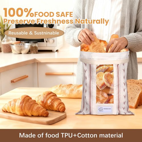 Katgogoo Reusable Bread Bags, Cotton & TPU Lining Bread Bags with Transparent Window, Anti-Slip Lock Keeps Homemade & Sourdough Bread Fresh Longer, Eco-Friendly Washable Storage with Tag(2 Pack)