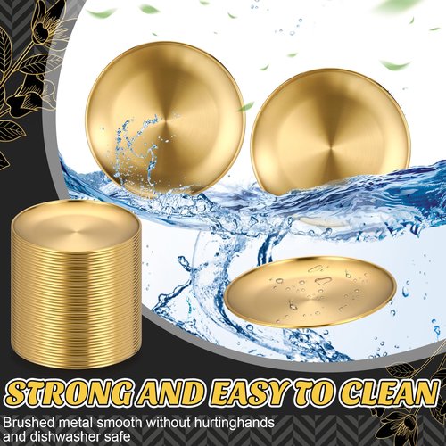 Uiifan 40 Pcs 304 Stainless Steel Dinner Plates Gold 8 Inch Platter Serving Flat Metal Dessert Salad Camping Plates Kitchenware Dinner Dishes for BBQ Snack Steak Food Serving Dishwasher Safe