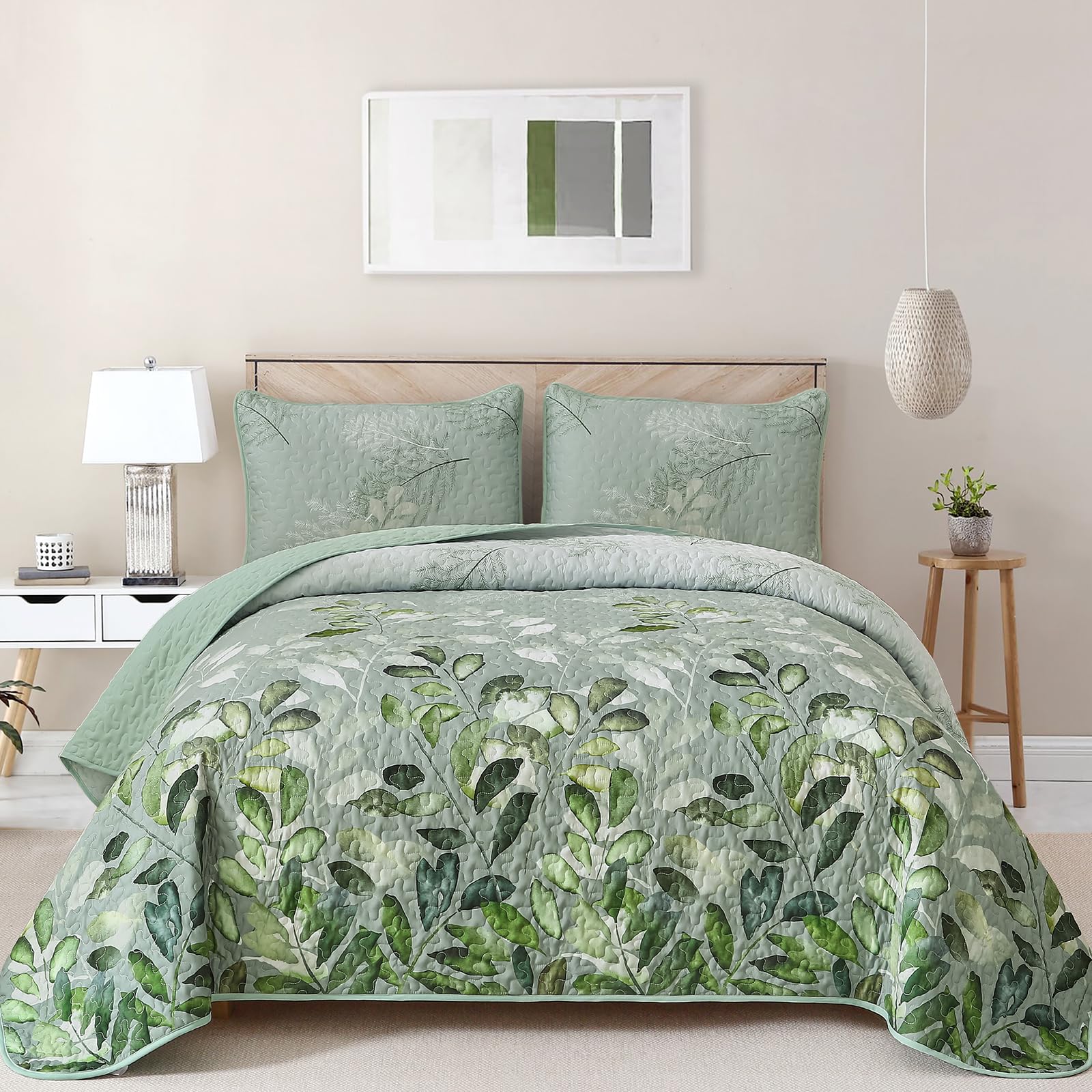 WONGS BEDDING Green Quilt Set King Size,3 Pieces Green Floral Bedspread Coverlet Set, Soft Microfiber Lightweight Floral Bedding Set King 104"×90"