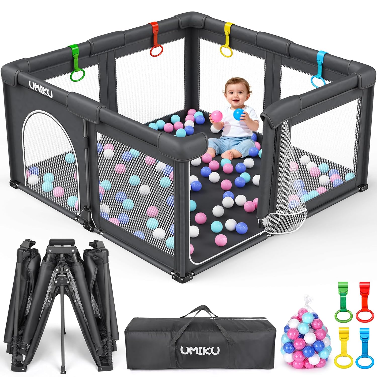 Skiennix Foldable Baby Playpen - Large Portable Play Yard for Toddlers | Indoor/Outdoor Use, 50"X50", Dark Grey