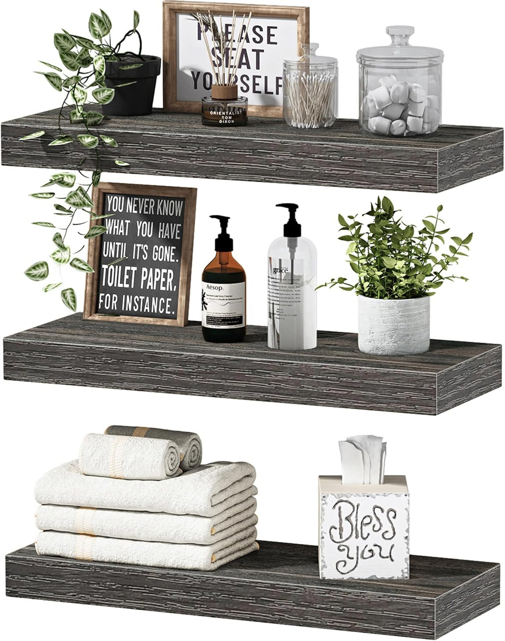 QEEIG Floating Shelves - Stylish Wall Storage for Bathroom, Bedroom & Kitchen - 16 Inch Set of 3, Grey