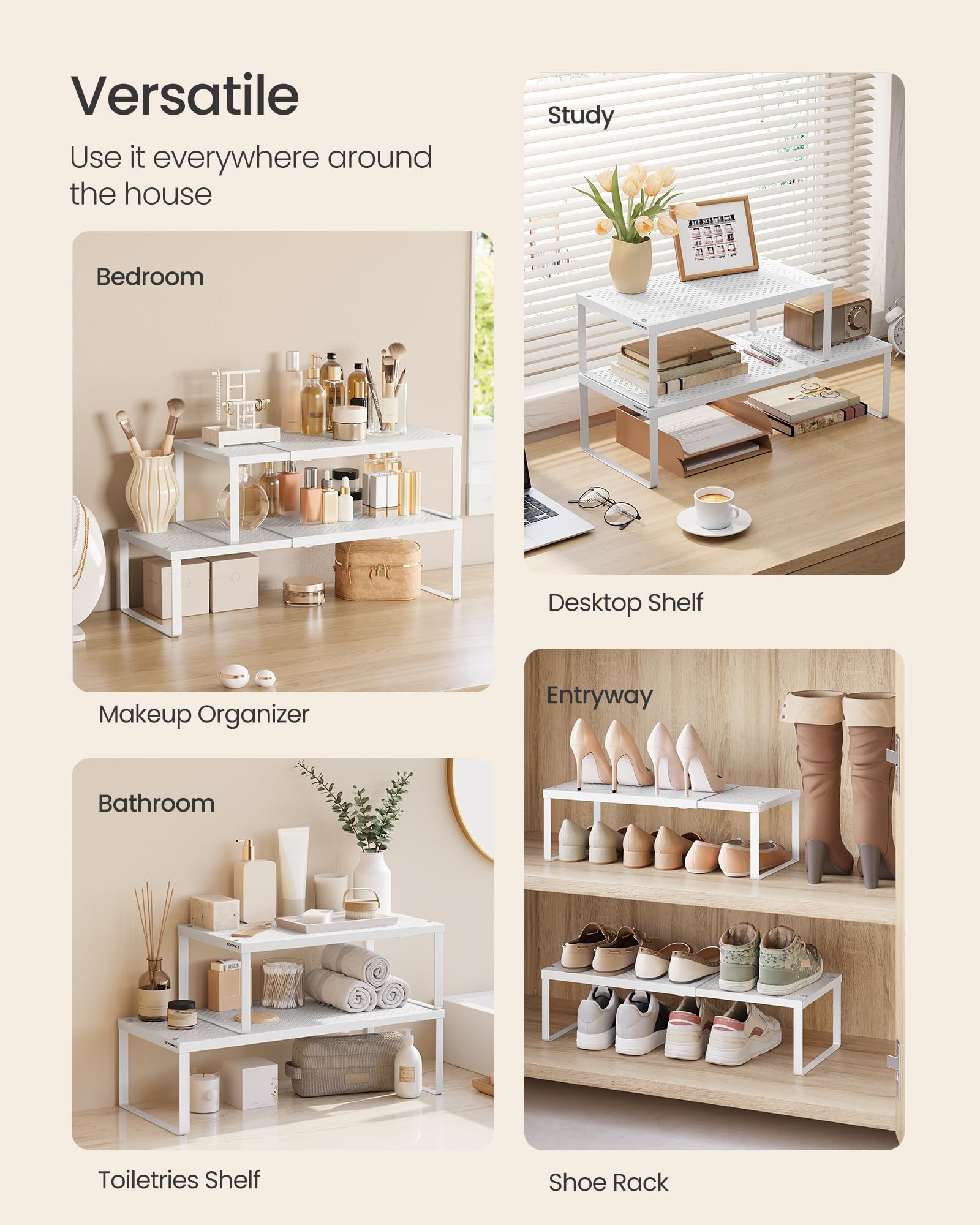 SONGMICS Spice Racks, Set of 3 Expandable Kitchen Countertop Shelves, Small Cupboard Organizers, Metal, Space-Saving Tabletop Shelves, Matte White UKCS403WC01