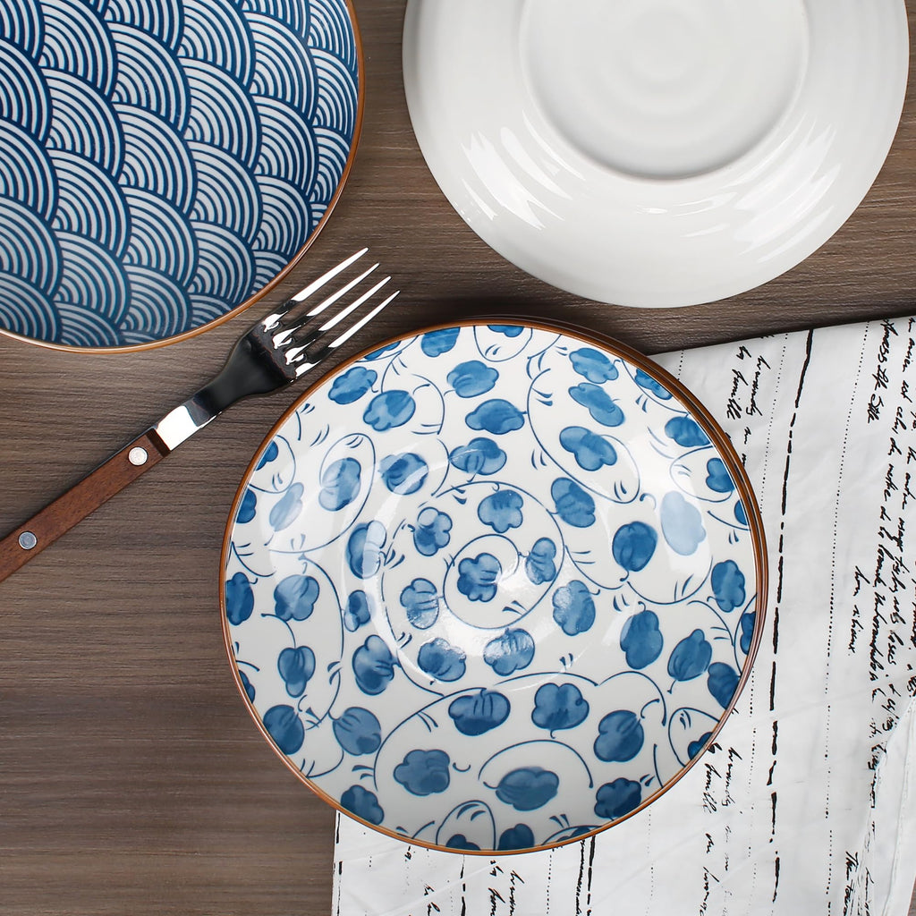 YALONG Small Ceramic Salad Plates Set of 4, 7 Inch (13oz) Japanese Appetizer Plates for Sushi Snacks, Dessert Plates for Cake Fruit, Blue & White Dinnerware, Microwave Dishwasher Safe