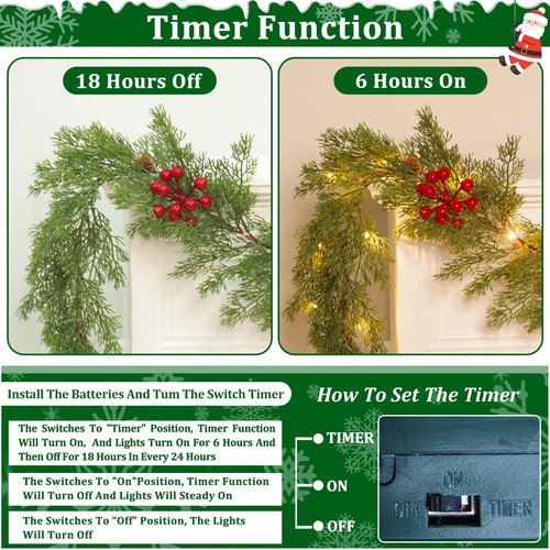 Prelit & Timer - 6 Ft Real Touch Christmas Cedar Garland with Lights, Lighted Christmas Garland for mantle Table Holiday, Soft Greenery Pine Cypress Garlands Pinecone Berry Battery Operated Xmas Decor