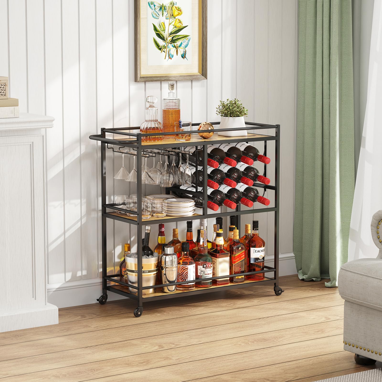 Lifewit Bar Cart for The Home, 3 Tier Drink Cart with Lockable Wheels, 12 Wine Rack and 3 Rows Glass Holders, Liquor Serving Cart for Livingroom, 80 x 33.2 x 86 cm/31.6 x 13.1 x 33.9 inch Rustic Brown