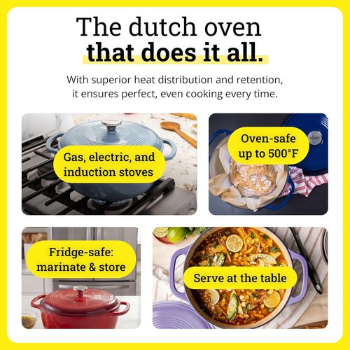 Lodge Essential Enamel Cast Iron Dutch Oven - 6 Quart Caribbean Blue - Ideal for Baking, Braising & Slow Cooking