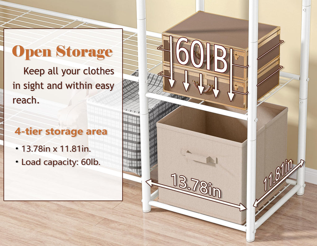 Wardrobe Closet,Portable Clothes Rack with 4 Tiers Shelves,Freestanding Closet Organizers and Storage System with Hanging Rods,Steel Clothing Rack Suitable for Cloakrooms,Bedrooms,Entrances,etc.White