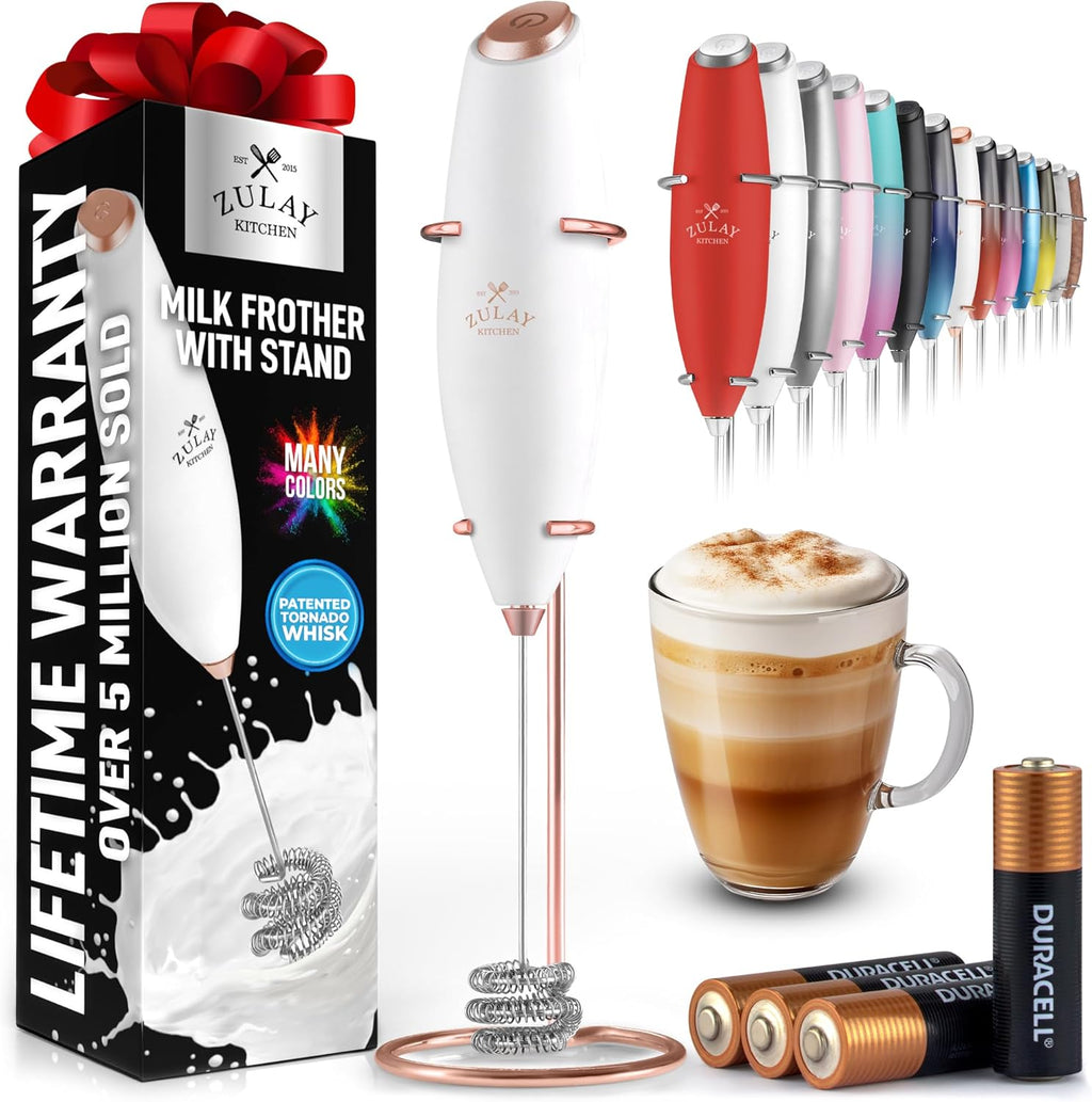 Zulay Kitchen Tornado Triple Whisk Milk Frother - Handheld Foam Maker for Coffee & Lattes - Gold Rose with 4 Duracell Batteries