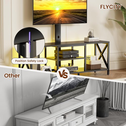 Flycity TV Stand with Mount and LED Lights, Universal TV Stand Mount for 32-75 inch TV, Entertainment Center with Storage, Metal TV Console Table Height Adjustable TV Stands for Living Room, Black