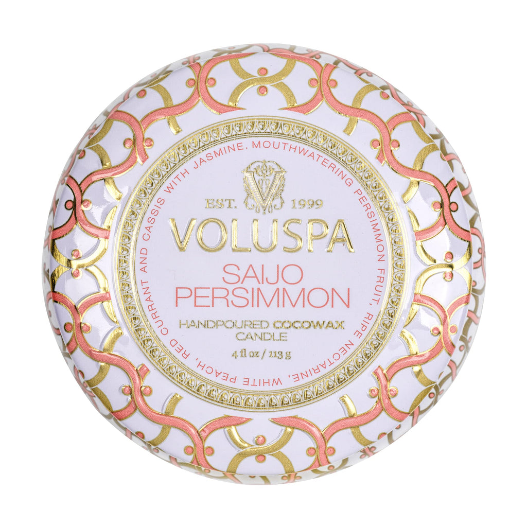 Voluspa Saijo Persimmon, Mini Tin Candle, 4 Ounce, 25 Hour Burn Time, Coconut Wax for Clean Burning, Handcrafted in The USA