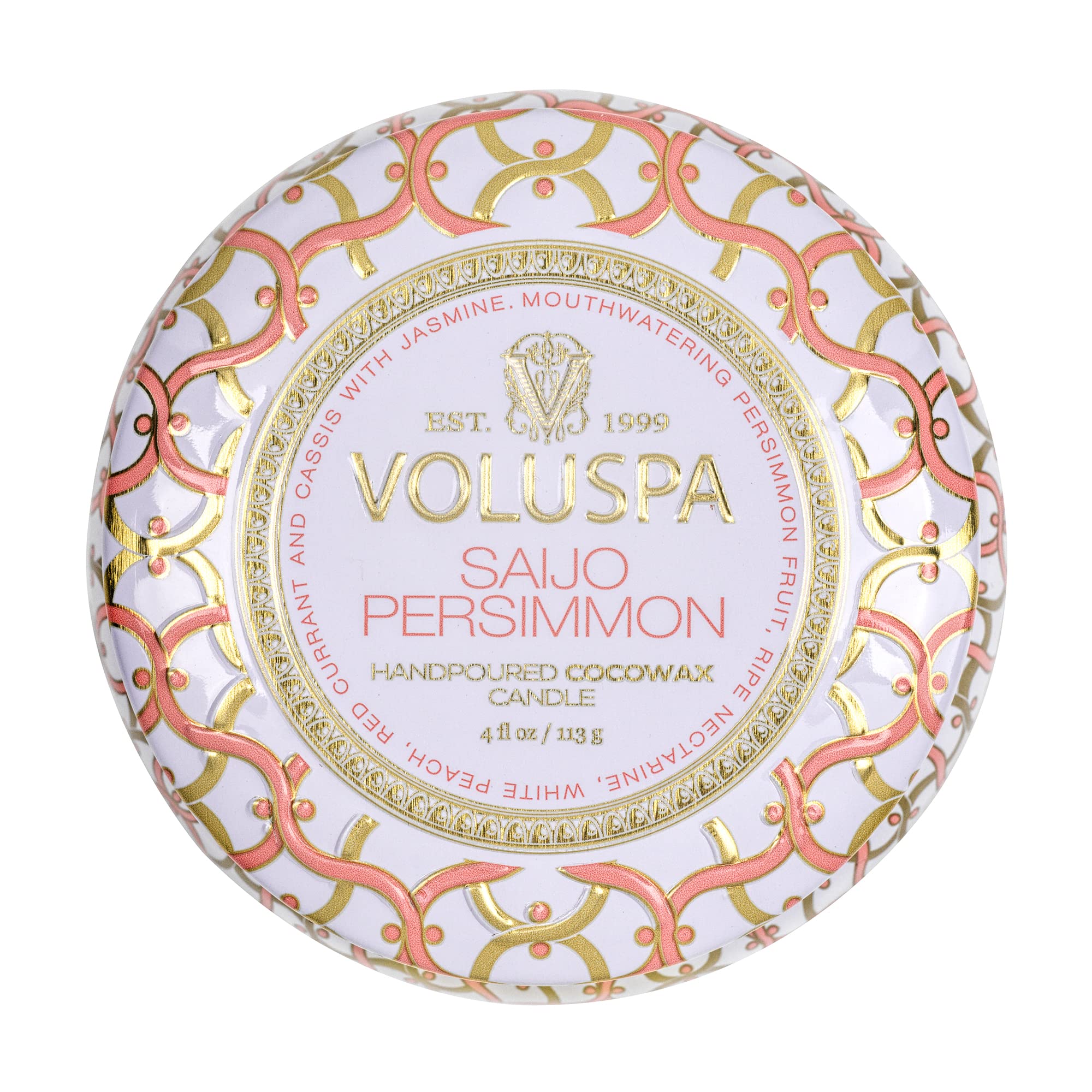 Voluspa Saijo Persimmon, Mini Tin Candle, 4 Ounce, 25 Hour Burn Time, Coconut Wax for Clean Burning, Handcrafted in The USA