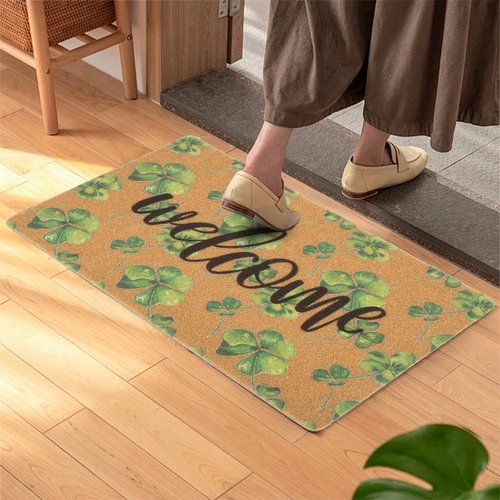 XuoAz St. Patrick's-Day-Clovers-Welcome-Mats Outdoor-Entrance Green-Shamrock-Outdoor-Doormat Non Slip Coir Front Door Mat for Irish Home Decor 17" x 29"