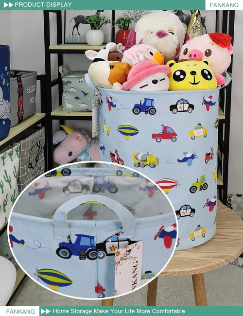FANKANG Storage Basket, Nursery Hamper Canvas Laundry Basket Foldable with Waterproof PE Coating Large Storage Baskets for Kids Boys and Girls, Office, Bedroom, Clothes,Toys（Car）