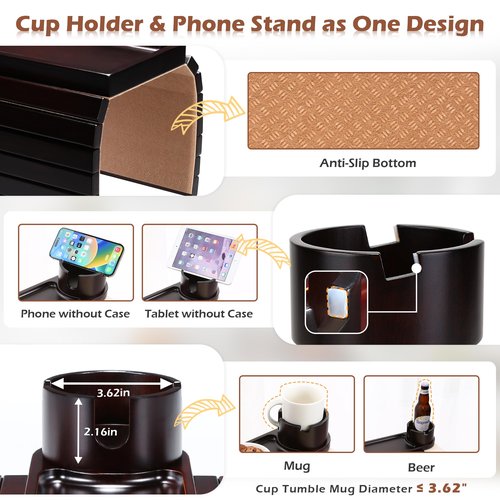 BAMTRAY Couch Cup Holder Tray, 15.75" Bamboo Cup Holder for Couch, 3 in 1 Foldable Arm Chair Clip on Side Tray Table for Remote Snack Table on Armrest