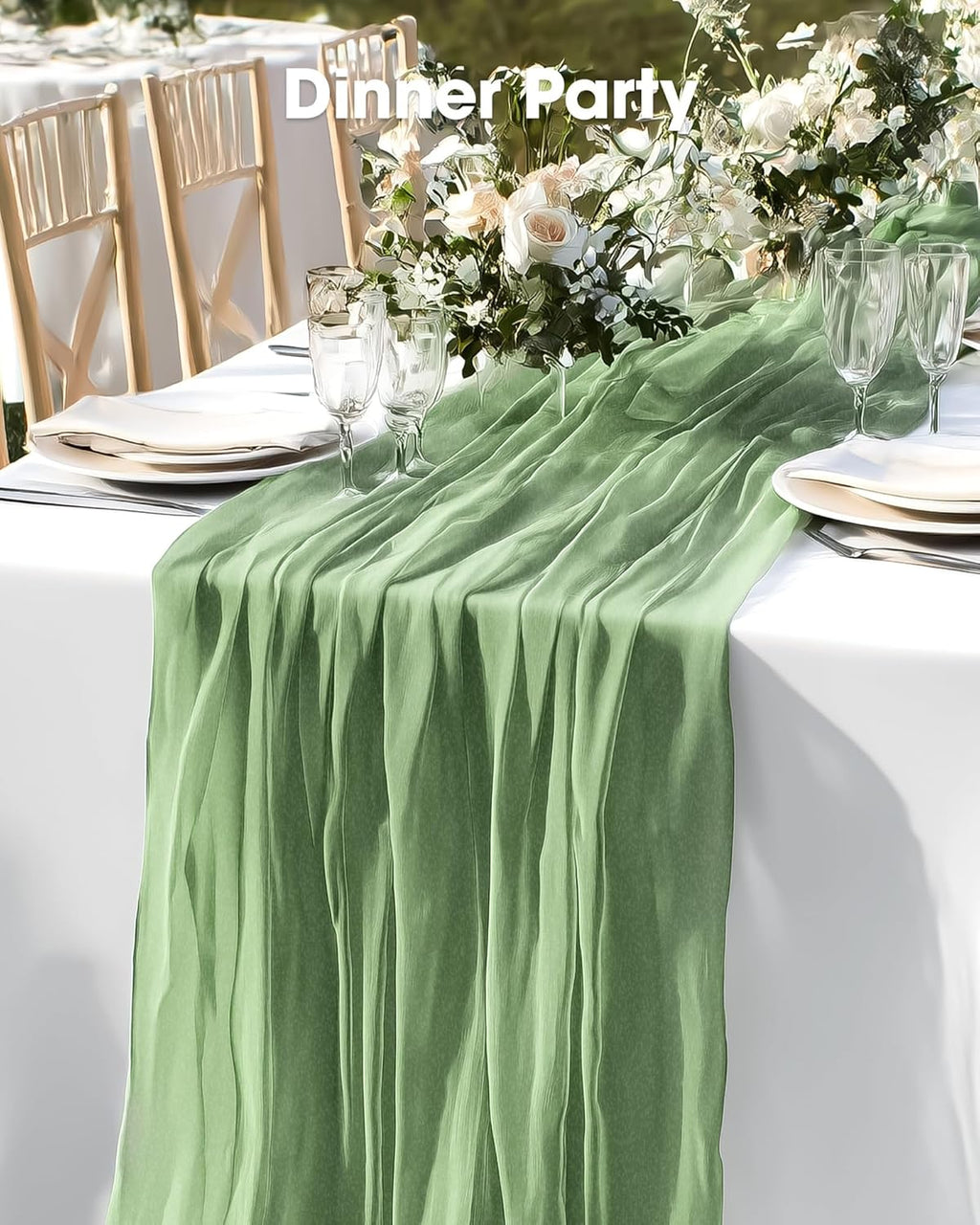 Pureegg Table Cloth Set - 8 Waterproof Disposable Tablecloths (54"x108") & 2 Decorative Cheesecloth Runners (35"x120") | Perfect for Parties, Picnics & Weddings in White & Sage