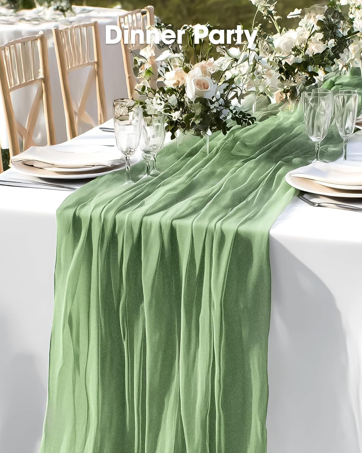 Pureegg Table Cloth Set - 8 Waterproof Disposable Tablecloths (54"x108") & 2 Decorative Cheesecloth Runners (35"x120") | Perfect for Parties, Picnics & Weddings in White & Sage
