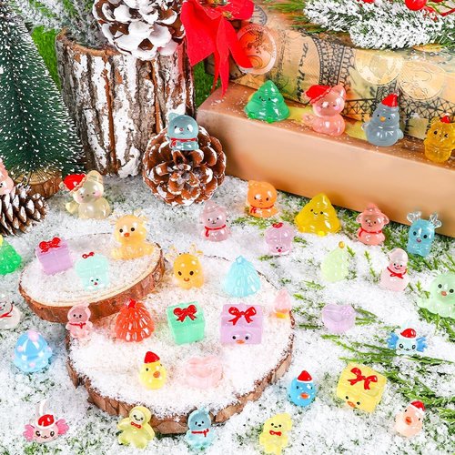 DIYDEC Mini Christmas Luminous Figurines - 40 Glow in The Dark Resin Miniatures for Holiday Decor