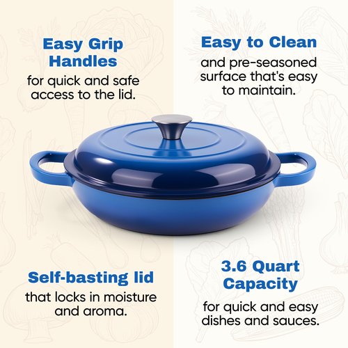 3 Quart Enameled Cast Iron Braiser, Non Stick Enameled Cast Iron Skillet with Lid, Dutch Oven Skillet with lid up to 500°F for Oven, Stove, Grill, Shallow Dutch Oven for Cook, Bake (Blue)