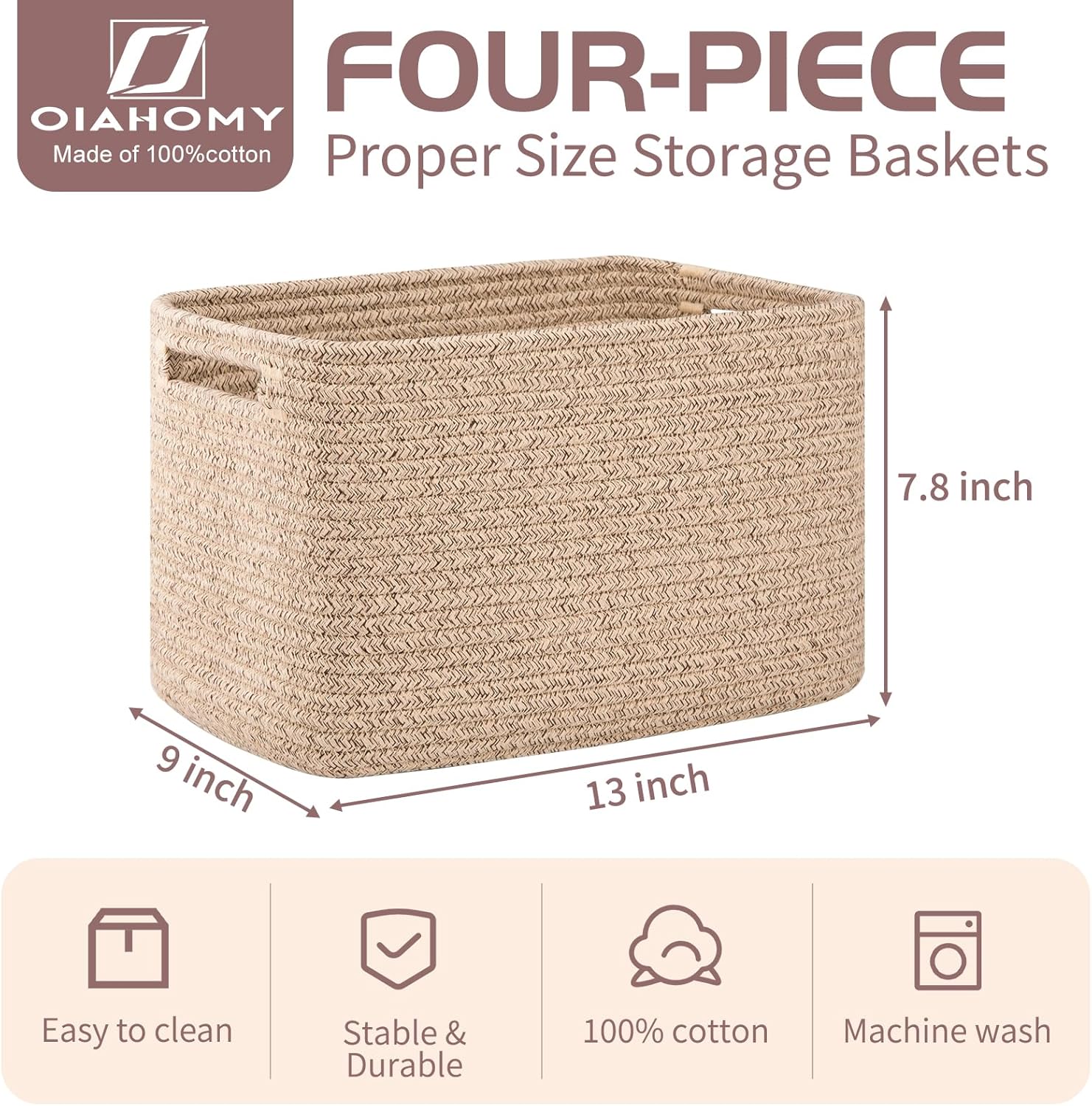 OIAHOMY Storage Baskets - 4 Pack Woven Cube Organizers with Handles | 12.7''L x 9''W x 7.8''H, Brown