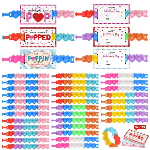 32 Packs Valentines Day Gifts for Kids School, Valentines Cards with Colorful Heart POP Bracelets for Classroom & School, Valentine's Class Gift Exchange Cards Party Favors Supplies for Boys Girls