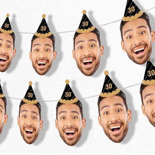 Big Dot of Happiness Black & Gold Birthday Garland Banner - Personalized Face Cut Outs, 30 Feet Long