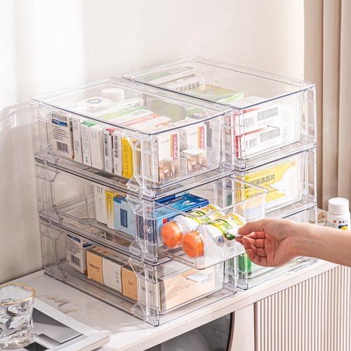 Sgoostood 6 Pack Stackable Organizer Drawers, Clear Desk Storage Box,Transparent Drawer in Home, Office and Kitchen Pull Out Organizer Bins for Make Up, Pen, Desktop Stationary (6 Pack)
