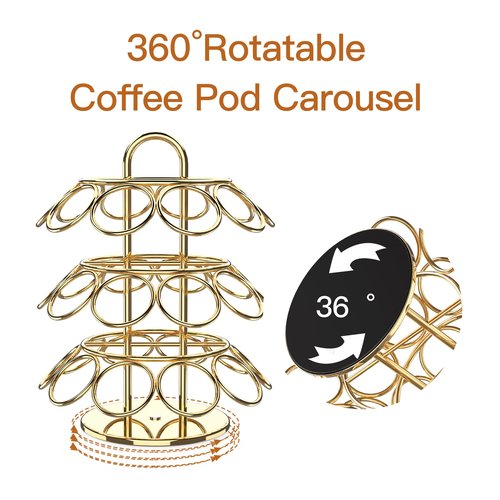 ZECENN Coffee Pod Storage Organizer for K-Cup Pods, K Cup Holder,K Cup Carousel, Home Office Kitchen Counter Coffee Station Organizer (27 Pods Capacity-Gold)