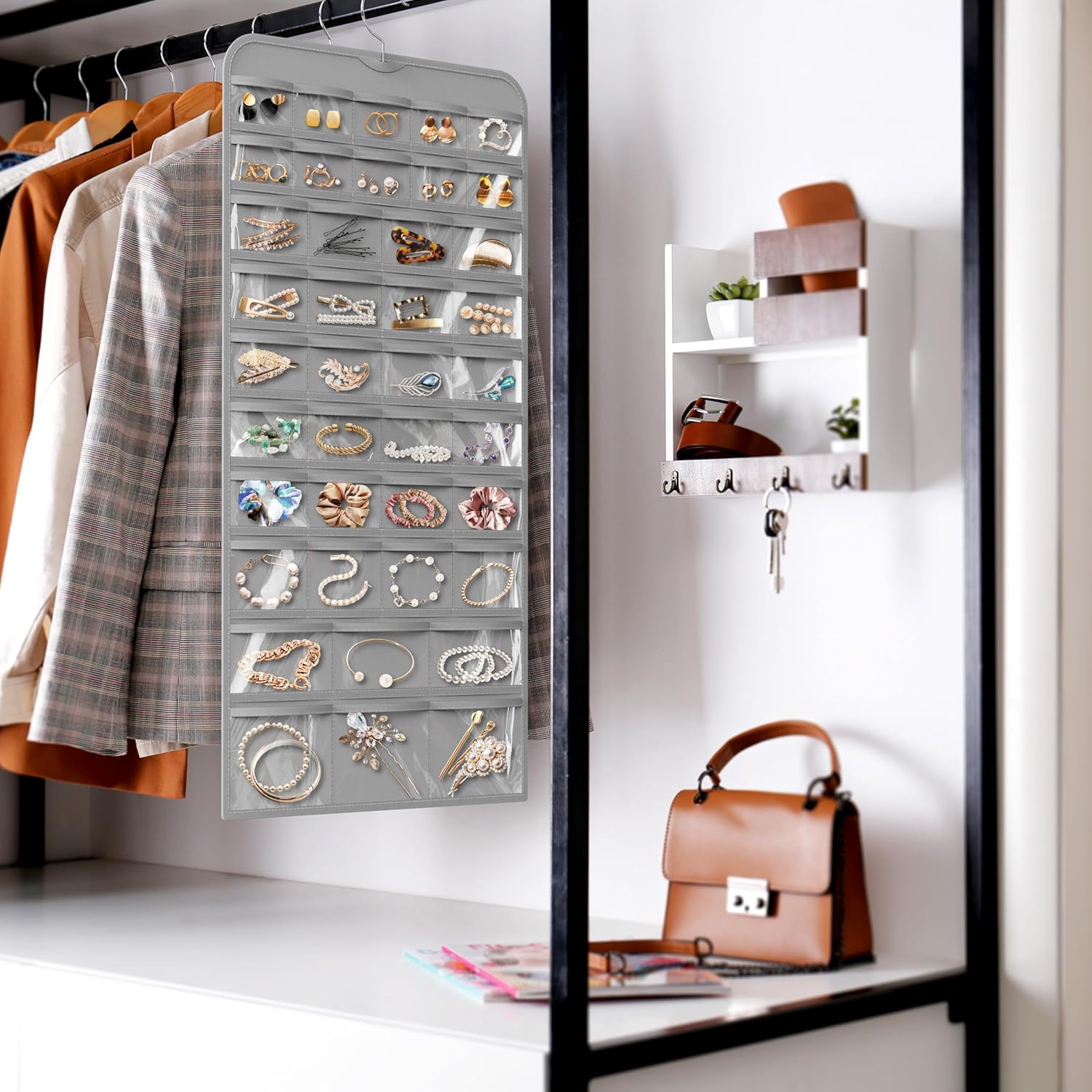 Simple Houseware Jewelry Organizer - 80-Pocket Hanging Storage for All Accessories | Gray