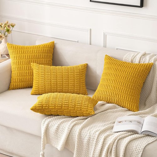 MIULEE Corduroy Throw Pillow Covers - Soft Boho Striped Design, 18x18 Inch, Mustard Yellow | Modern Farmhouse Decor