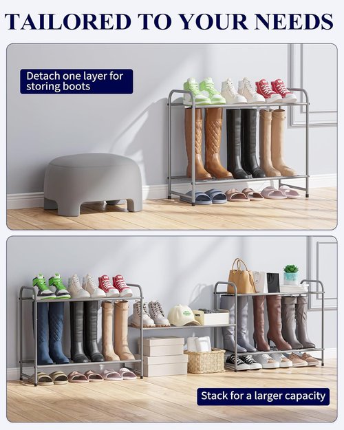 Kitsure Shoe Rack - Sturdy Stainless Steel Shoe Organizer for Closet & Entryway | 3-Tier, 25.6" Wide, Grey
