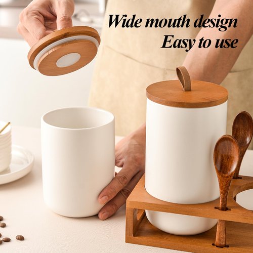 CoorFormer White Ceramic Canister Set of 2 with Bamboo Lids, Wooden Stand & Spoons – 35oz & 28oz Airtight Food Storage Jars for Coffee, Sugar, Tea, Kitchen Counter Organizer